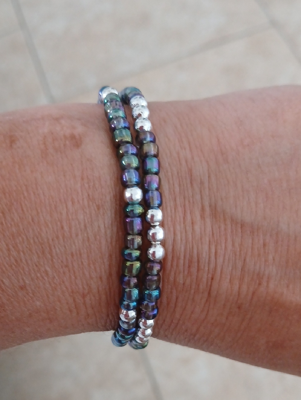 Beaded Stretch Bracelet Duo in Iridescent and Sterling Silver